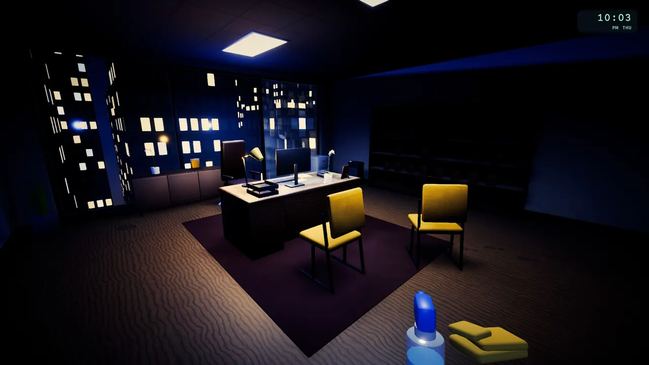 The corner office on Night 4, lit by a desk lamp and the city.