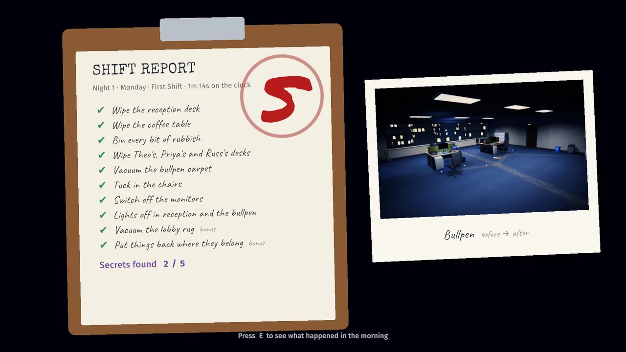 The shift report: an S grade stamped on the clipboard and before-and-after polaroids.