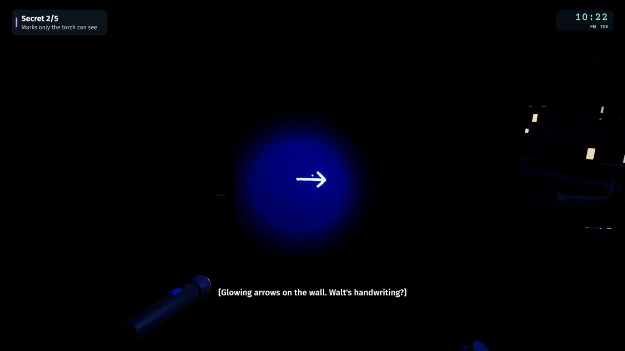 The UV torch showing invisible-ink arrows on the wall.