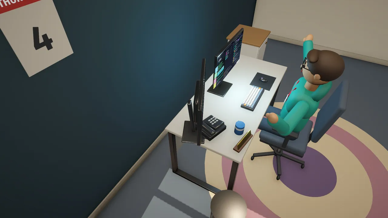 Sam celebrates as a second monitor appears on the desk.