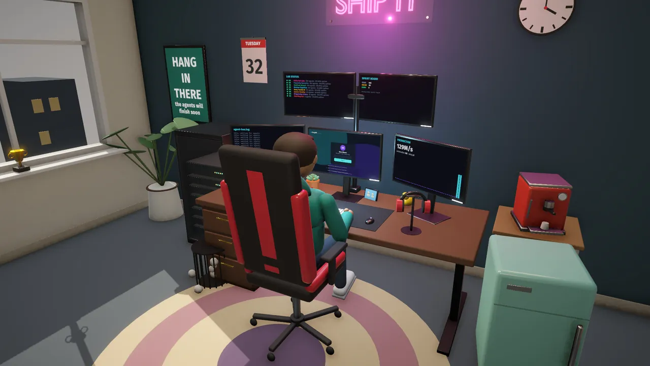 The office late in the game: monitor wall, neon sign, server rack, and mini fridge.