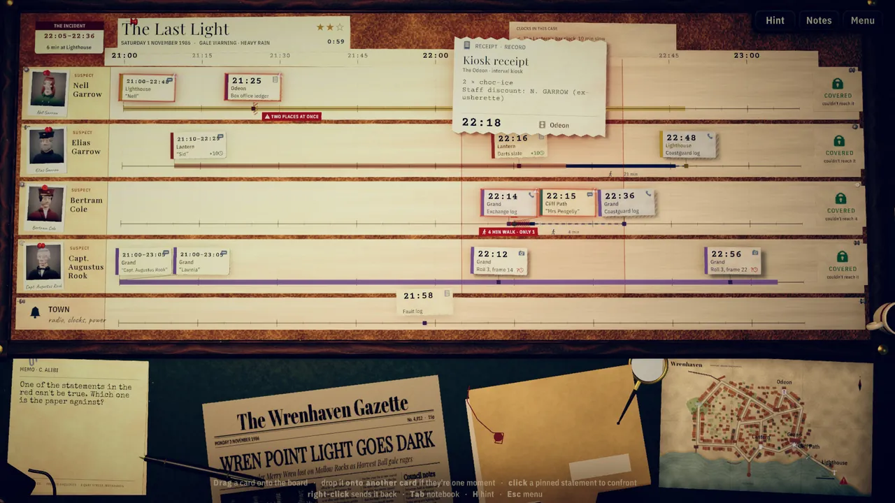 Case 3 in progress: four suspects, a town lane, and one of Connie's memos.