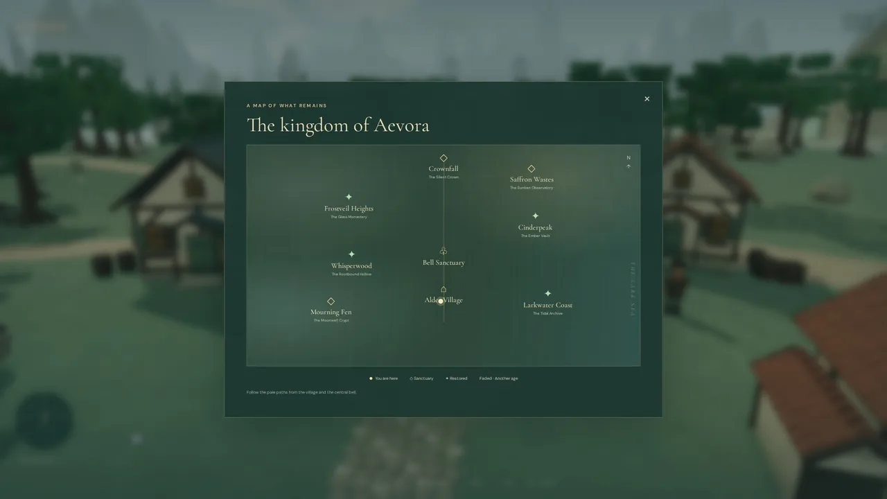 The map of the kingdom of Aevora with its regions and sanctuaries.