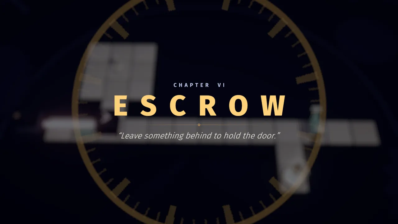 Chapter VI card: Escrow, leave something behind to hold the door.
