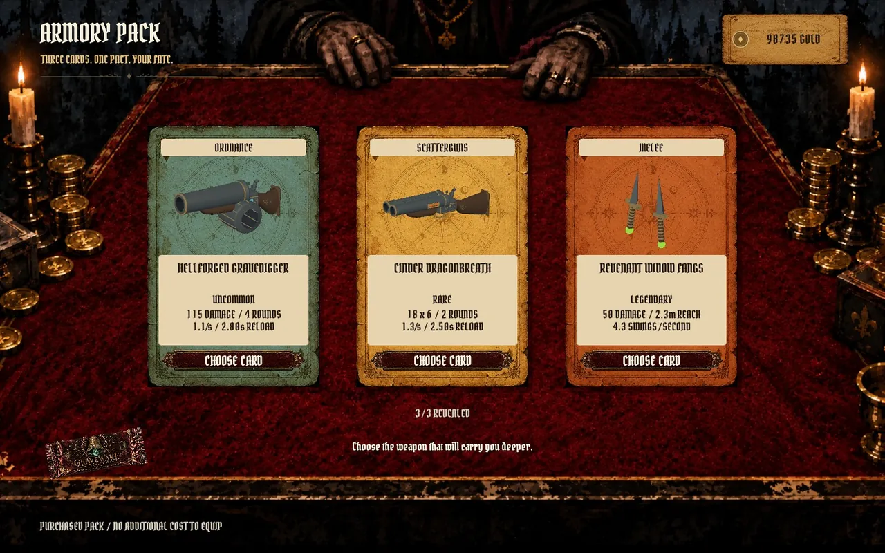 Three revealed weapon cards on the Collector's table.