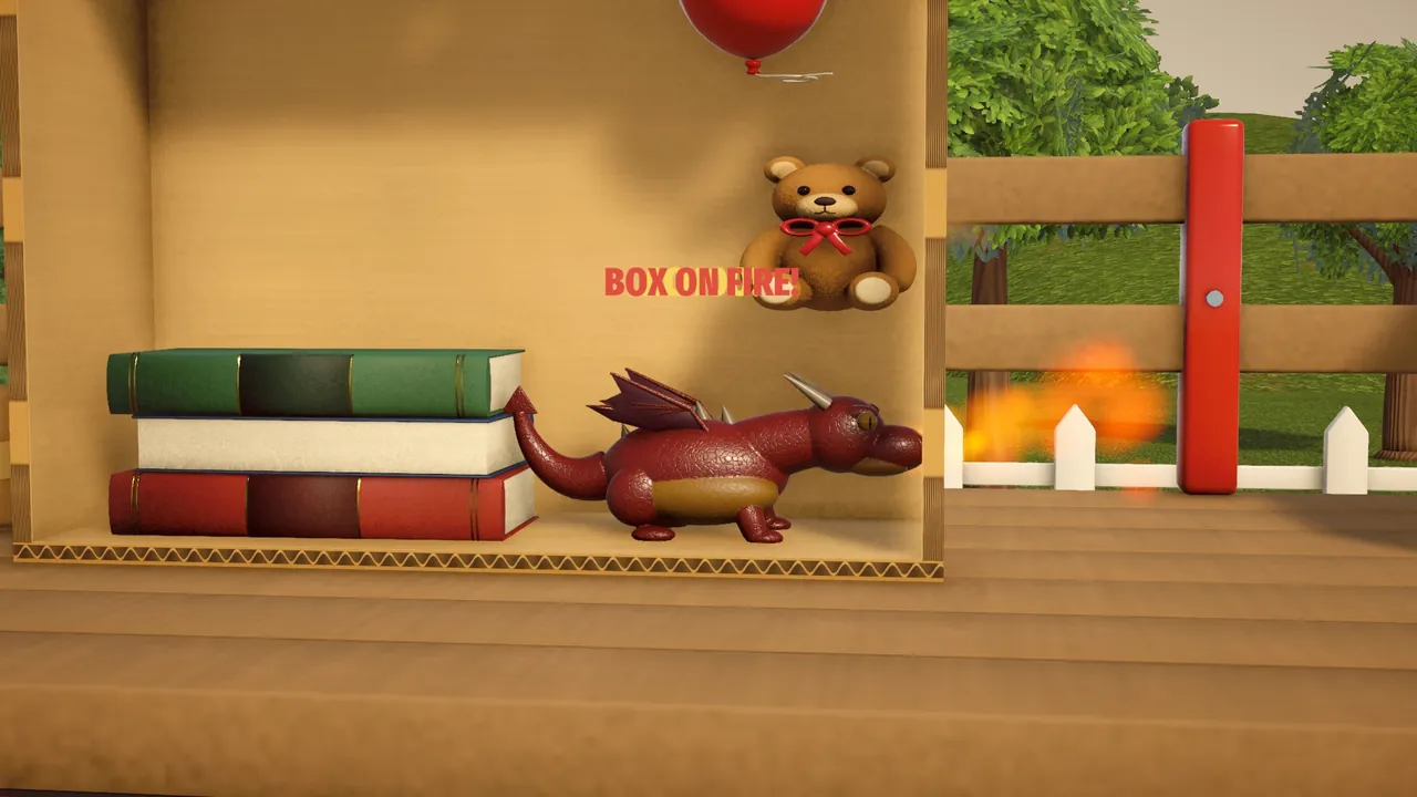 Ember sneezes at the hard brake and sets the cardboard box on fire.