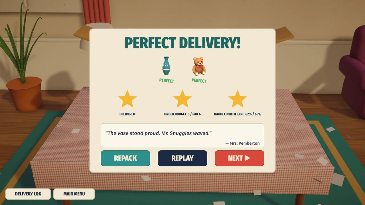 Results: PERFECT DELIVERY with three stars and the customer's review.