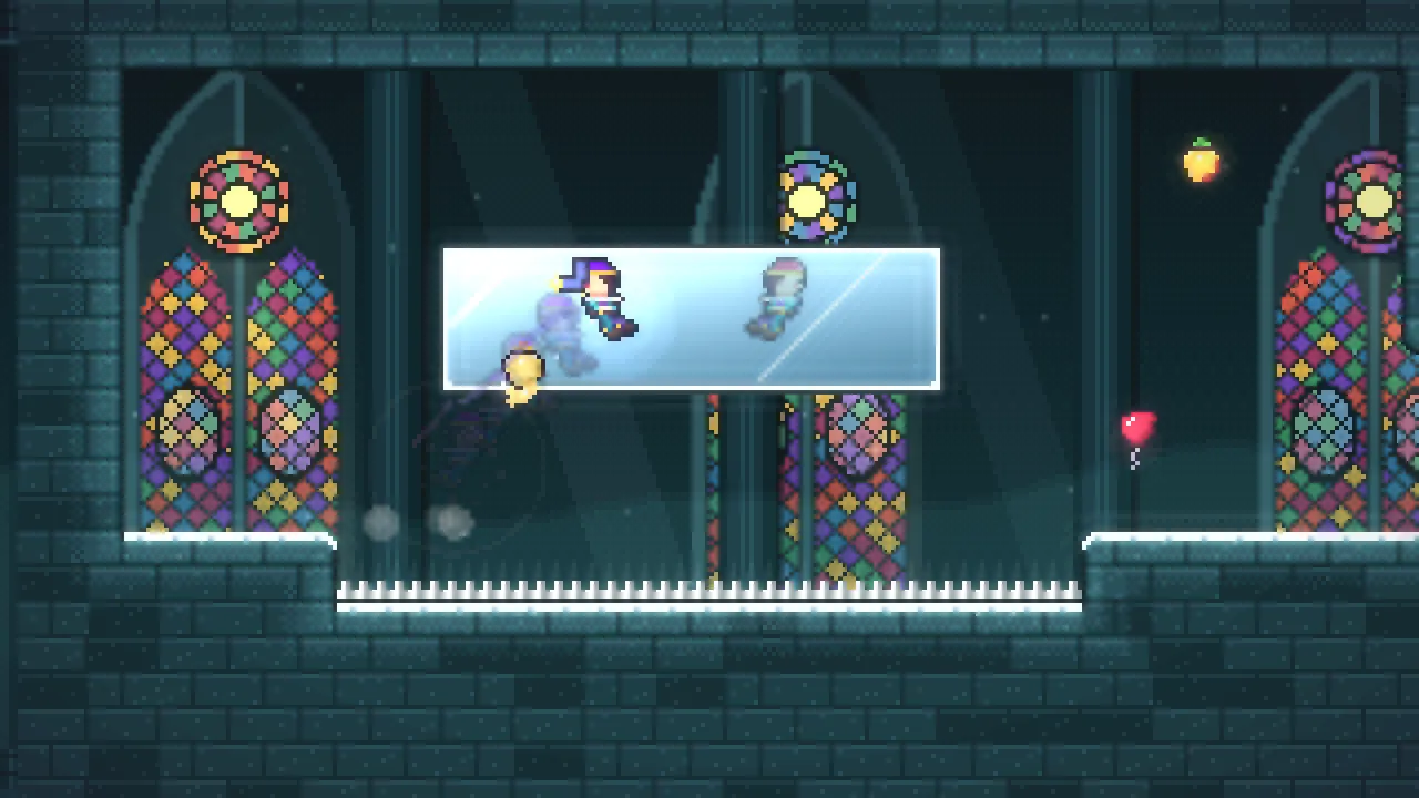 Mirror Cathedral: Mira passes through a mirror pane between stained-glass windows.