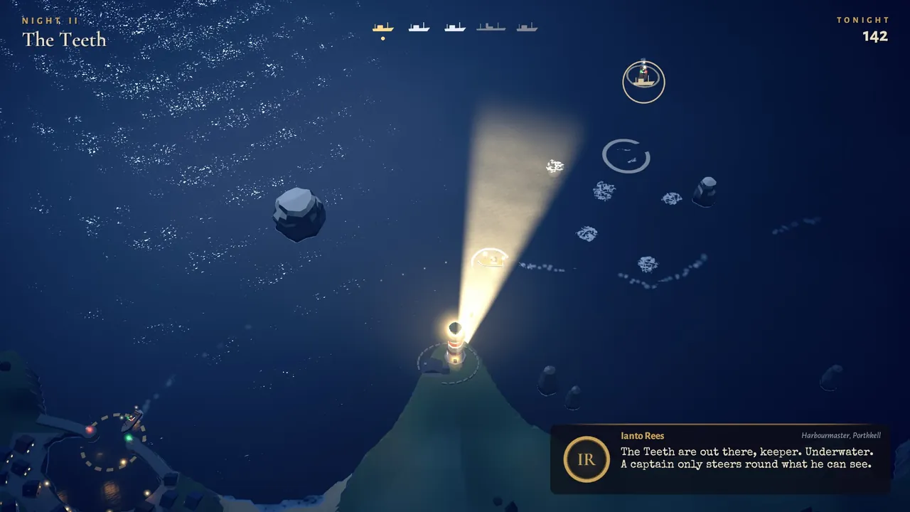 Night II, The Teeth: the beam passes over a reef cluster and white water breaks over the rocks it has charted.