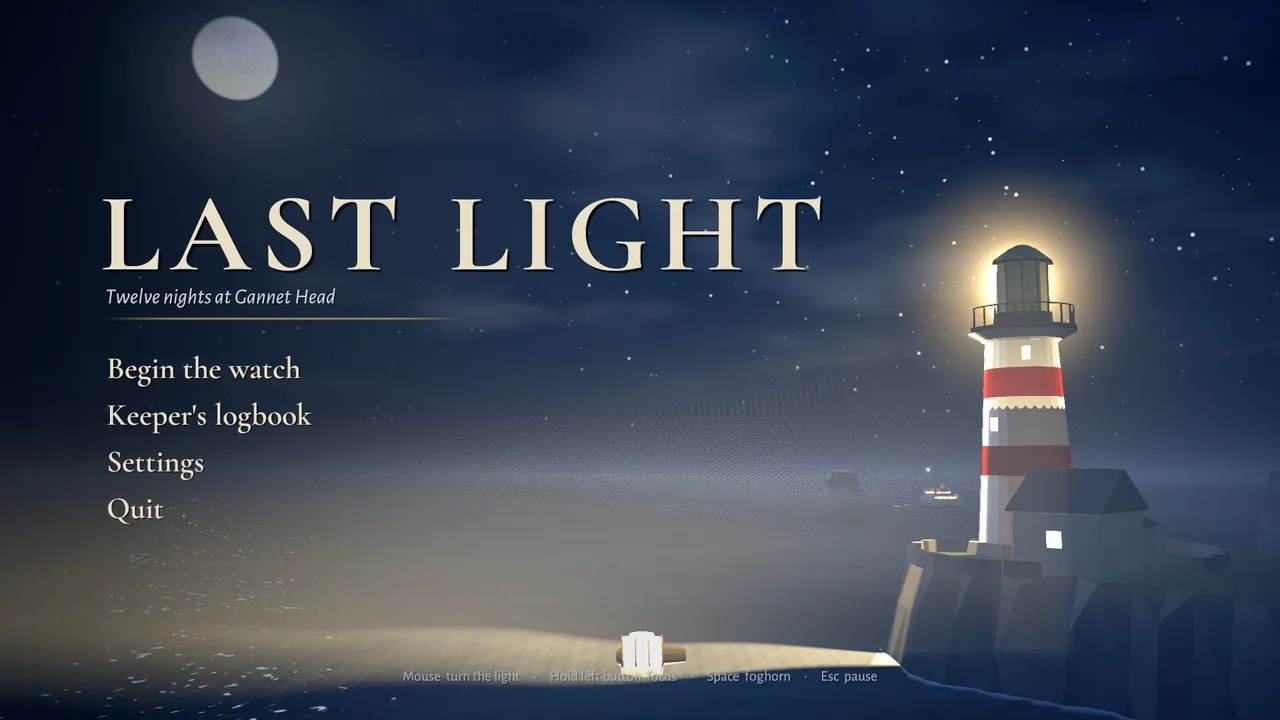 The title screen: the lighthouse at night, its beam sweeping overhead.