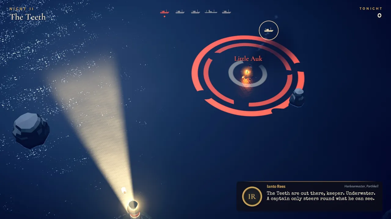 A trawler left in the dark strikes an uncharted reef and burns, its ring turned red.
