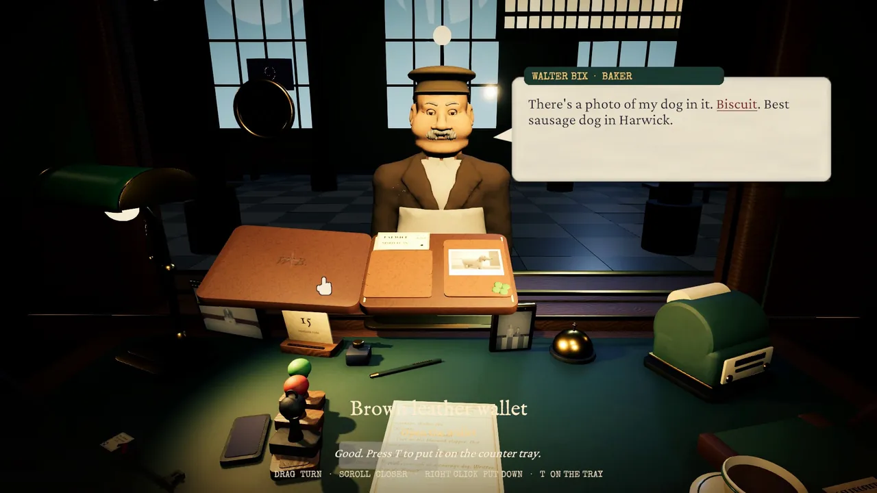 The brown wallet open in the player's hands as a discovery is written on the claim slip.