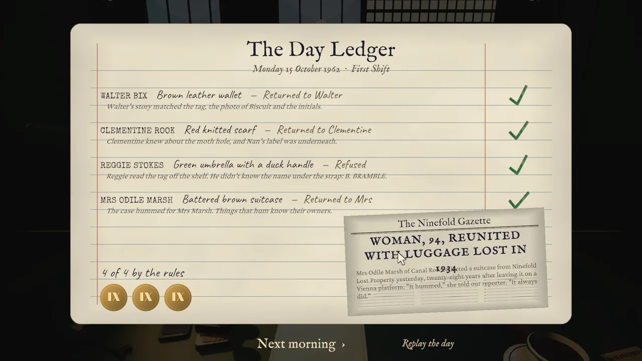 The Day Ledger marking each case, beside the Ninefold Gazette's headline.
