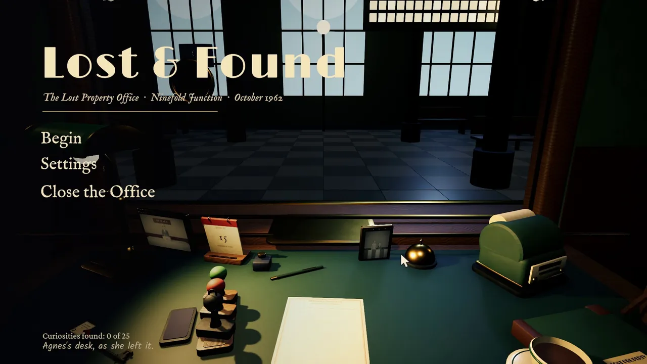 The title screen: Agnes's desk at dusk.