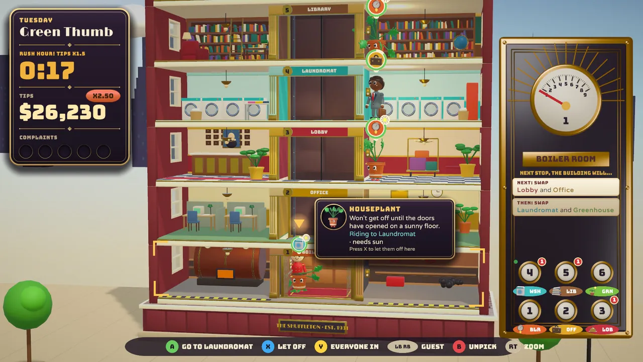 Gamepad play zoomed in: gold floor brackets, a guest card, and the button prompt strip.