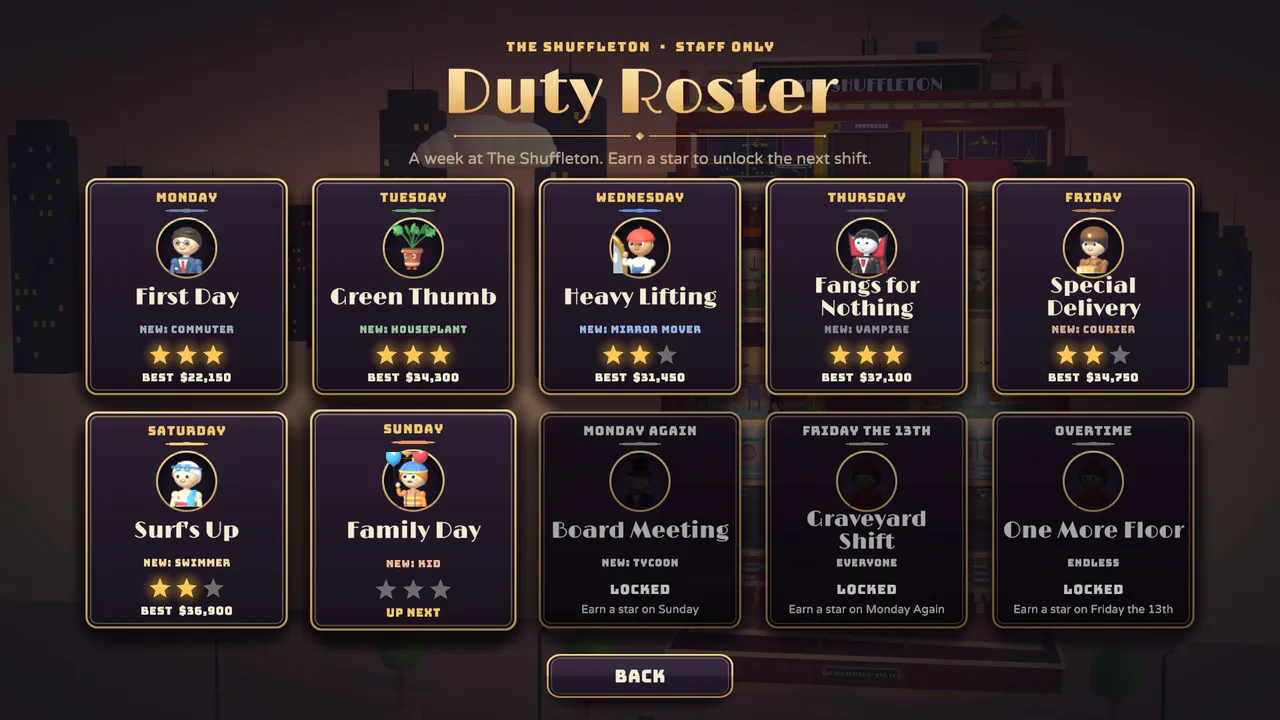 The duty roster: ten shifts with stars, bests, and locks.
