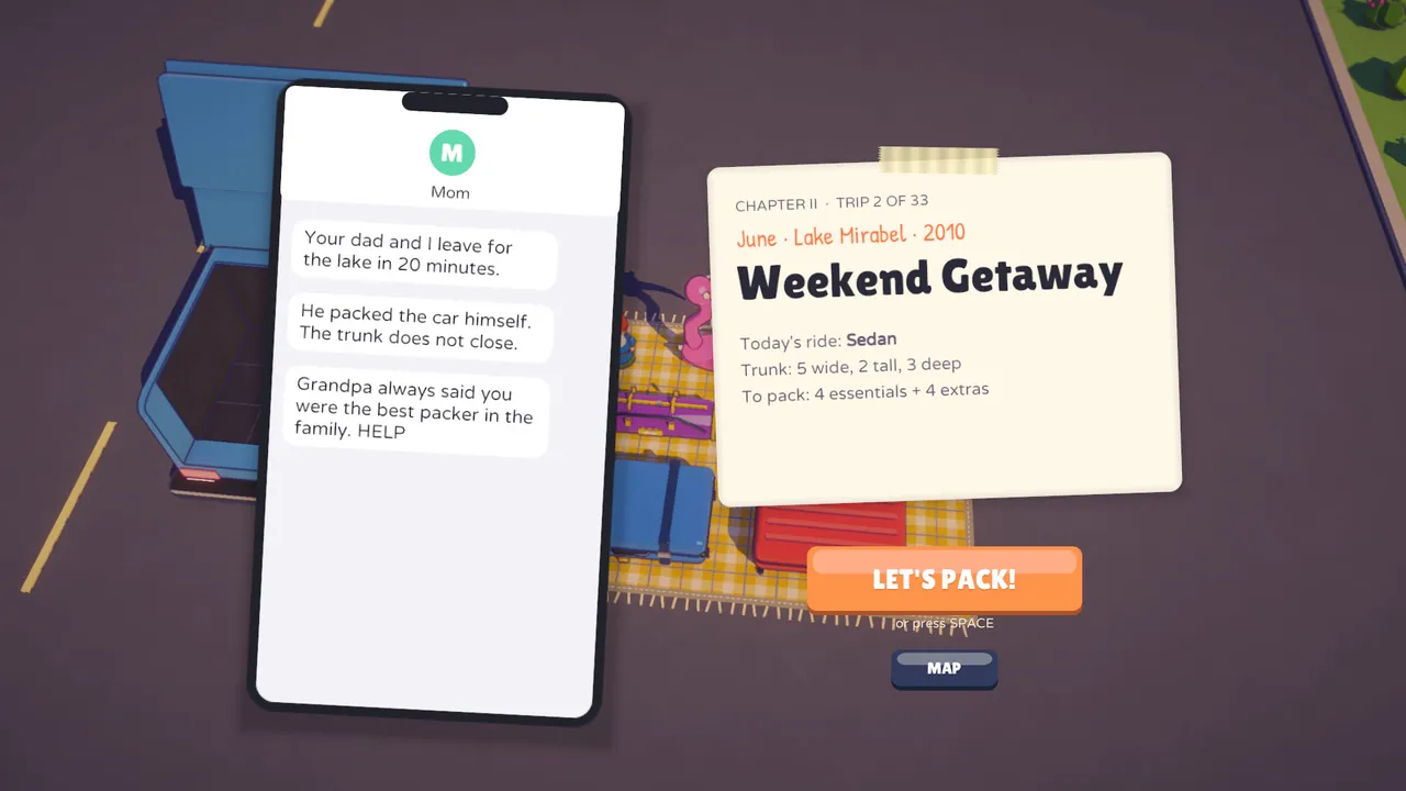 Mom's texts on a phone next to the trip card for Weekend Getaway.