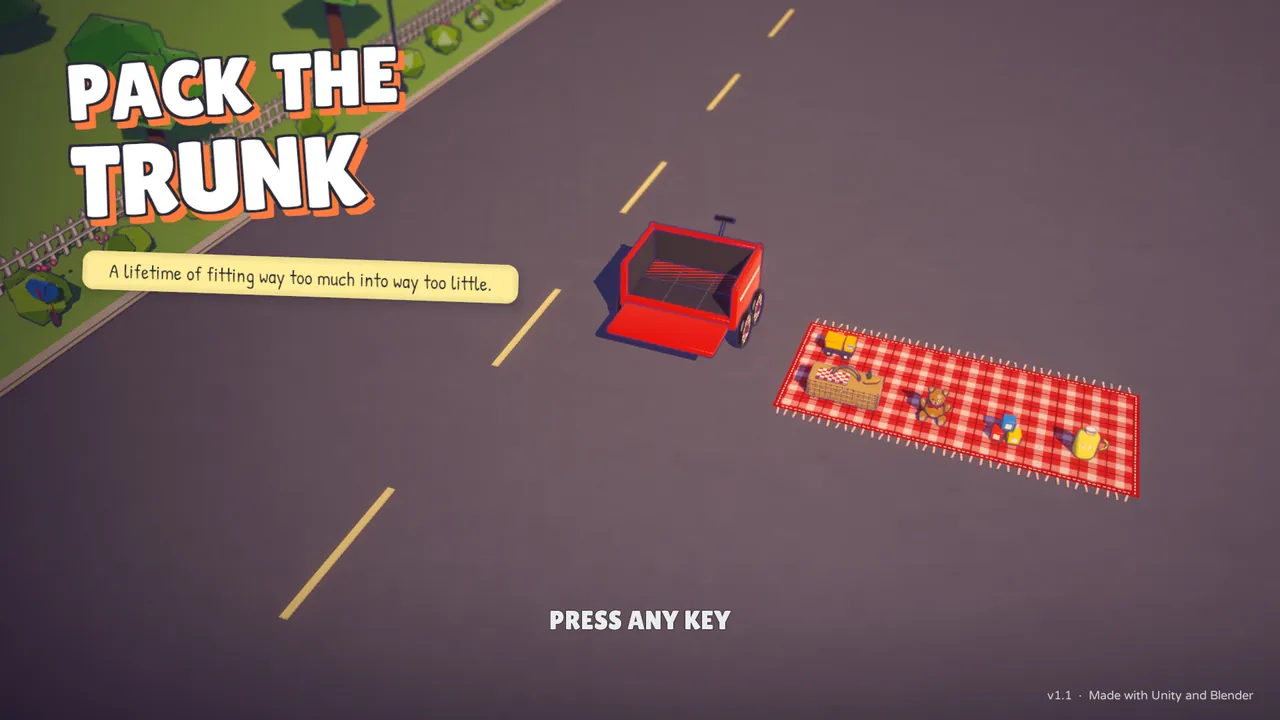 Title screen: the next trip's car parked in the driveway under the logo.