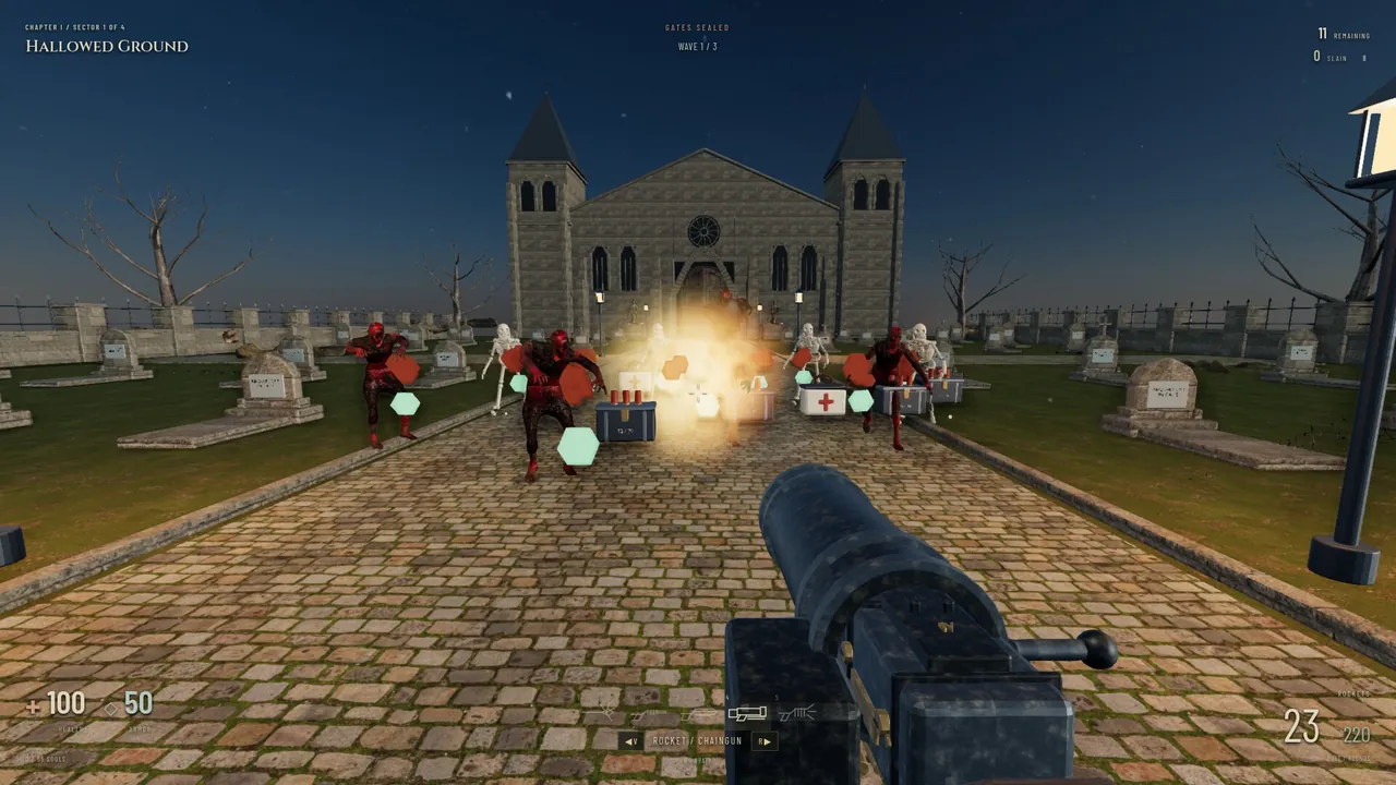 A rocket bursting inside a horde in Hallowed Ground.