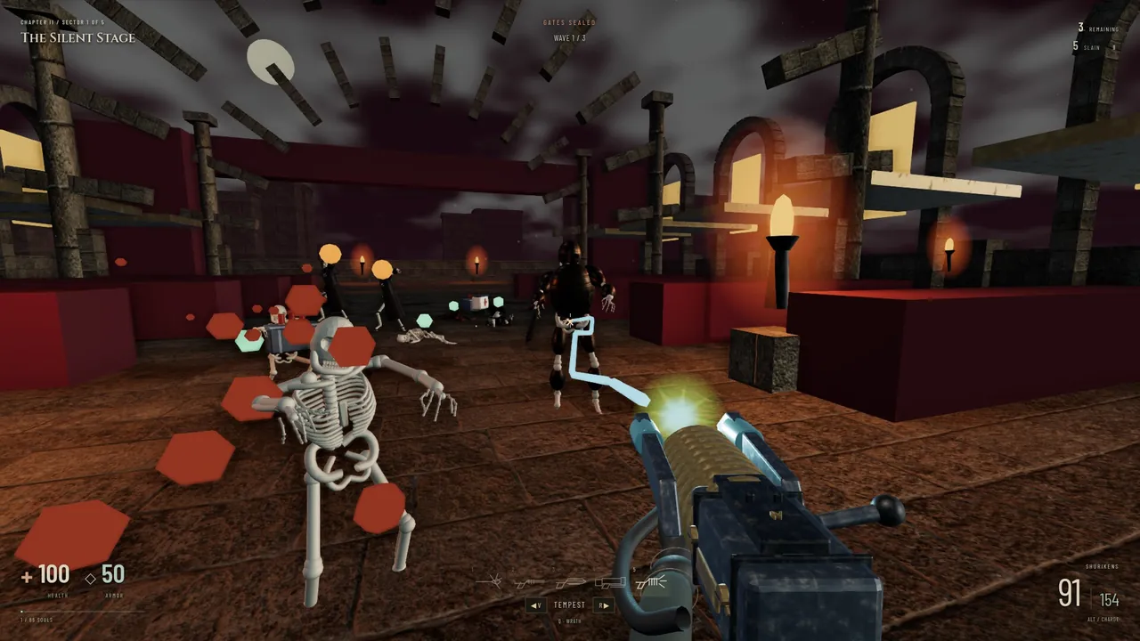 Chain lightning arcing through skeletons on The Silent Stage.