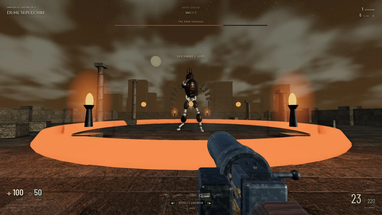A chapter general's boss bar, shockwave, and hellfire in Dune Sepulchre.