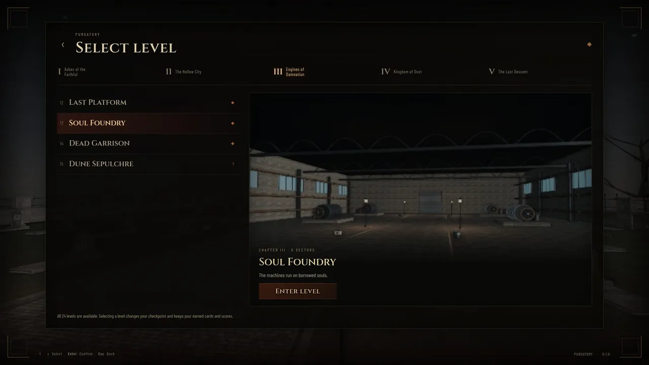 Level select with chapter tabs and environment previews.