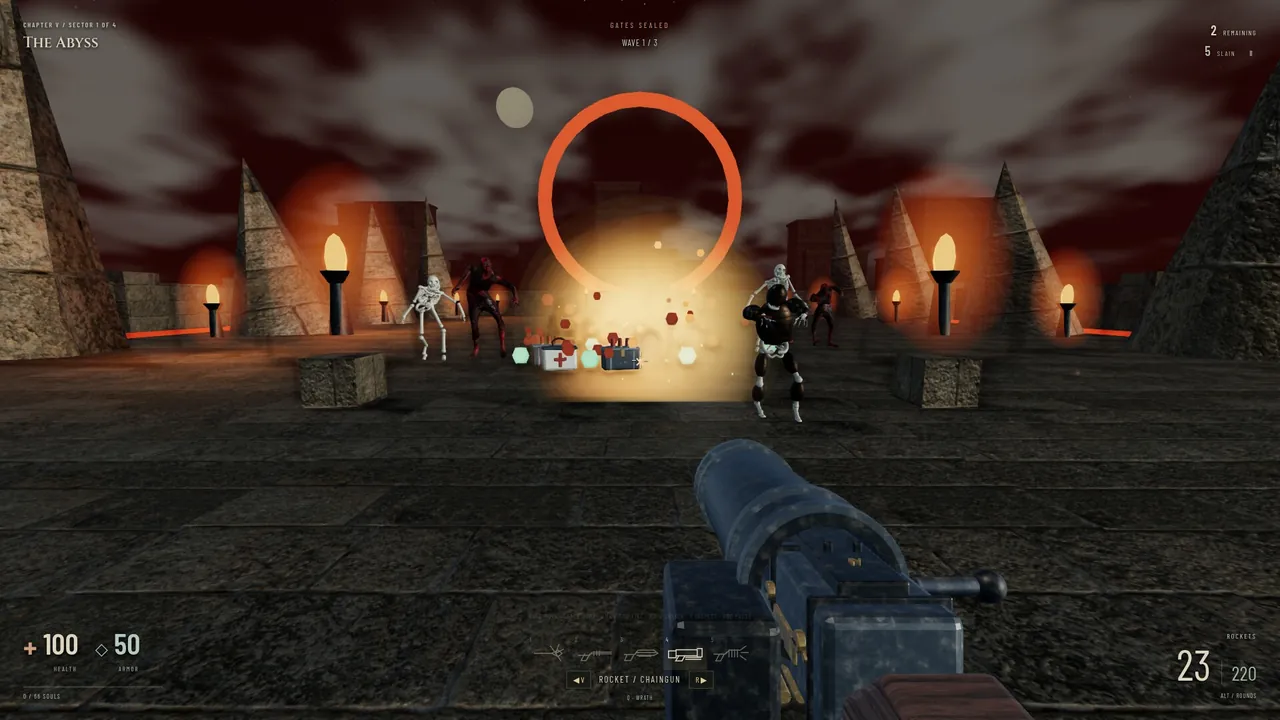 Late game: a rocket volley in The Abyss.