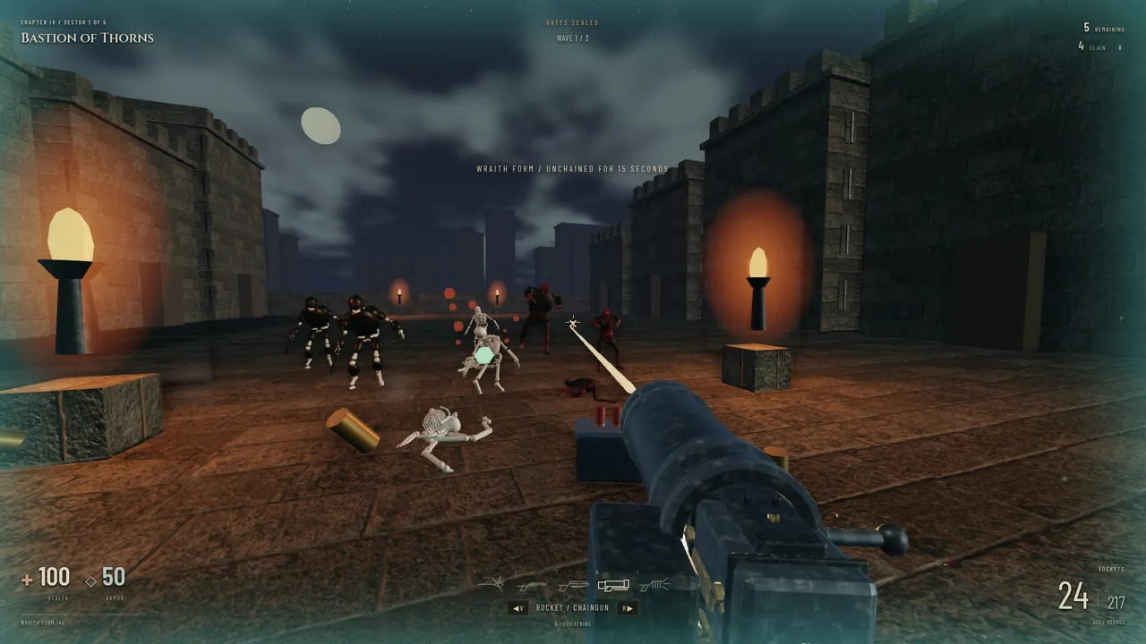 Wraith Form: the screen turns spectral while the chaingun shreds a crowd.