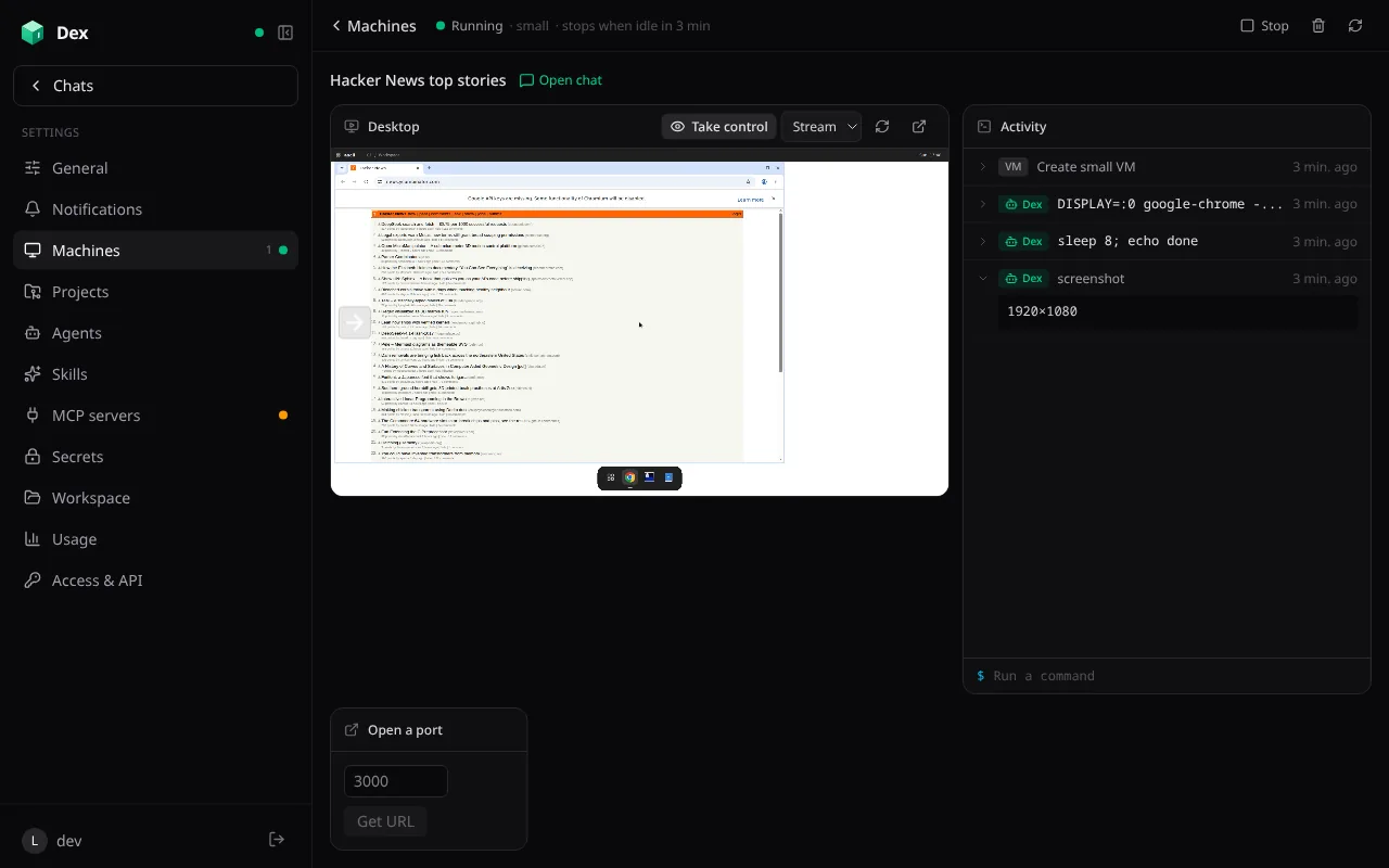 The Dex Machine page for a running small VM: the live desktop showing Hacker News in Chrome, a Take control button, and an activity log with Create small VM, a Chrome launch, a sleep command and a 1920×1080 screenshot.