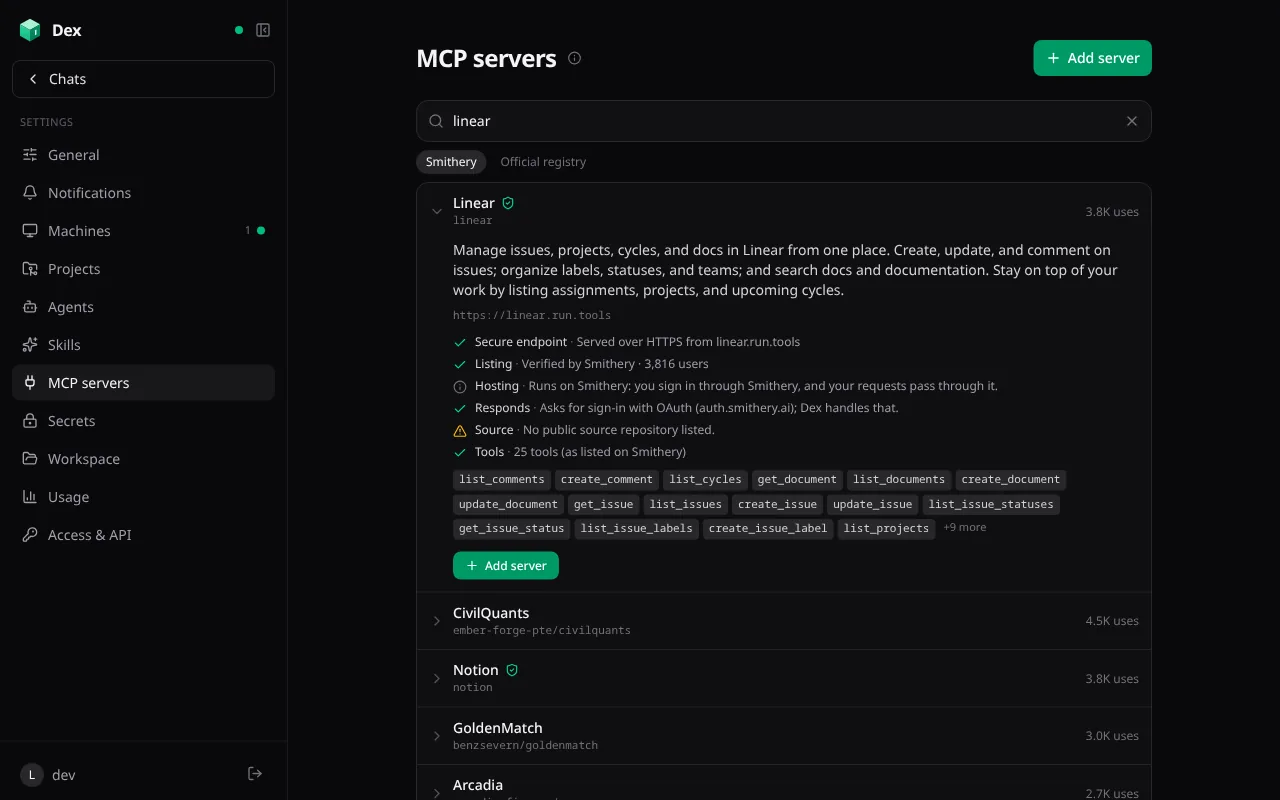 Dex's MCP servers page searching “linear”, with the Linear server expanded to show checks for a secure endpoint, a verified listing, hosting, OAuth sign-in, source and 25 tools.