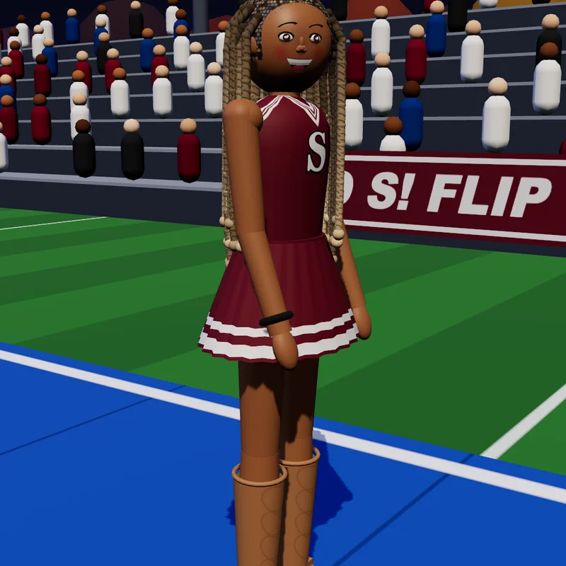 The gymnast customized with a maroon-and-white uniform, an S on the jersey, and brown boots.
