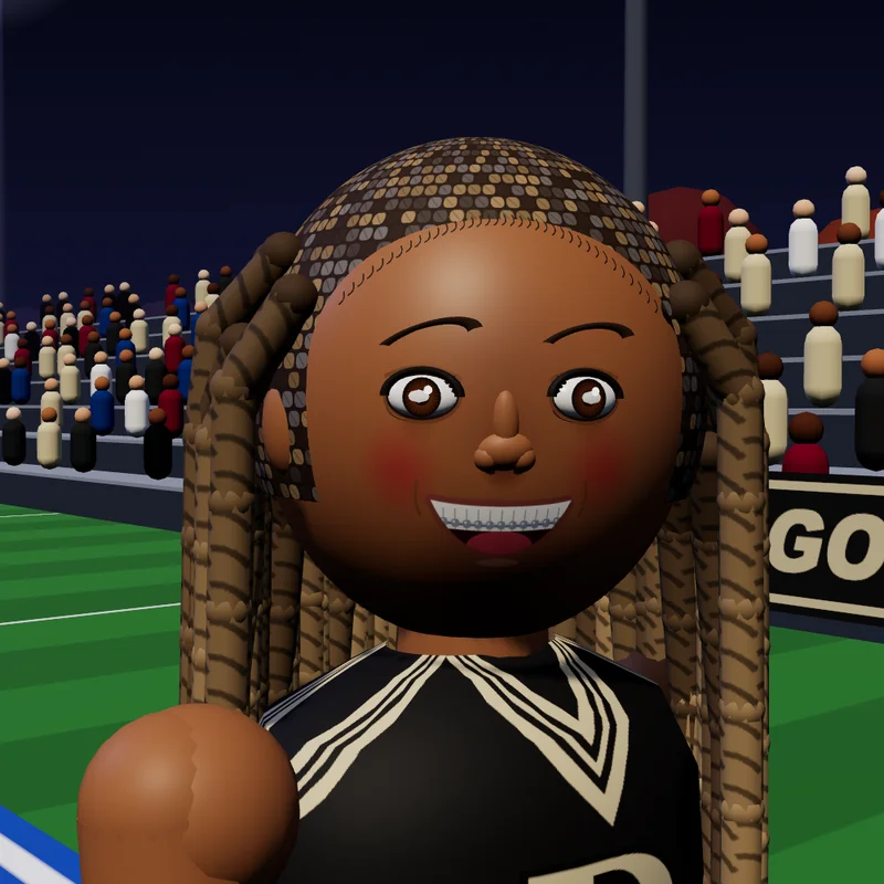 Close-up of the character's sculpted face, braces smile, and braided hair.