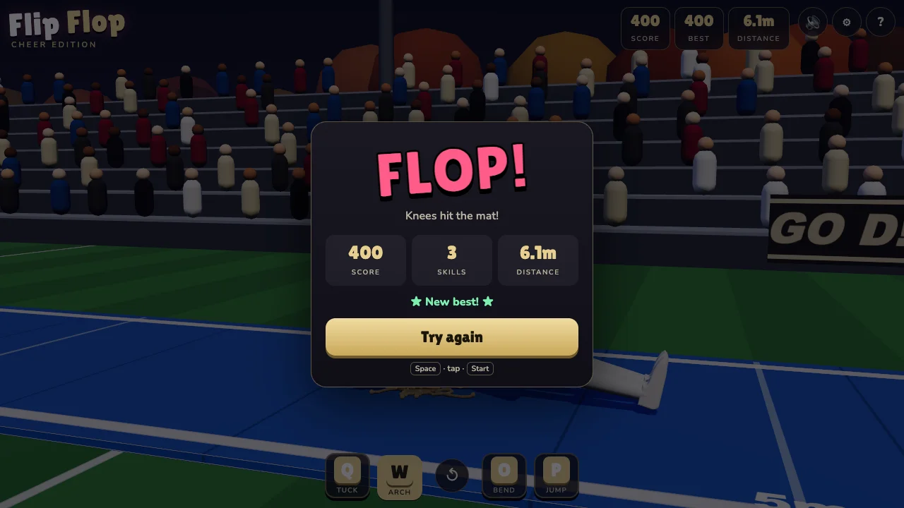 The FLOP results screen reports that the gymnast's knees hit the mat, with score, skills, distance, and a Try again button.