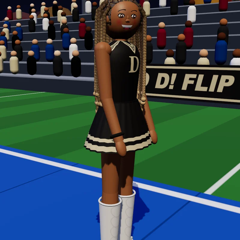 The gymnast wearing the default black-and-gold uniform, with box braids and white boots.