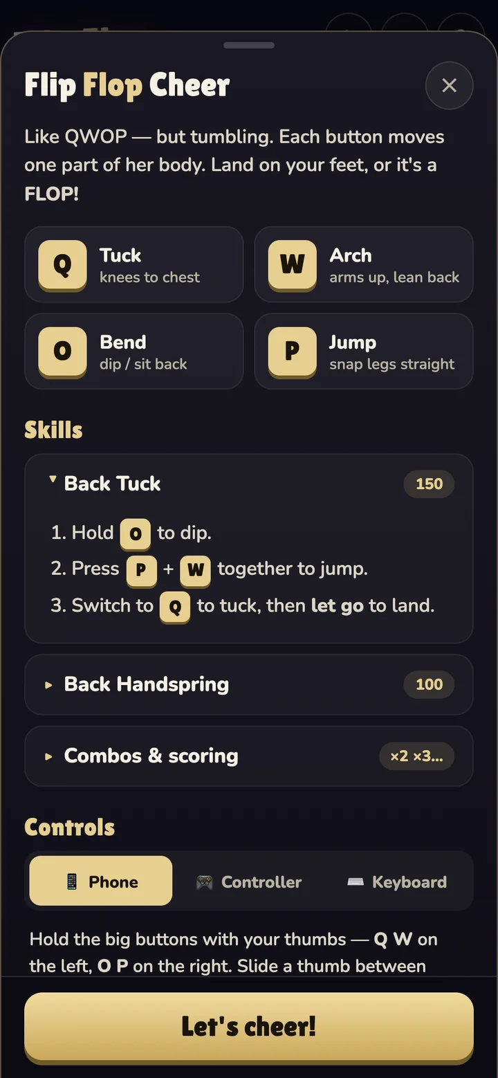 The mobile how-to-play sheet with descriptions of the four controls and skill recipes.