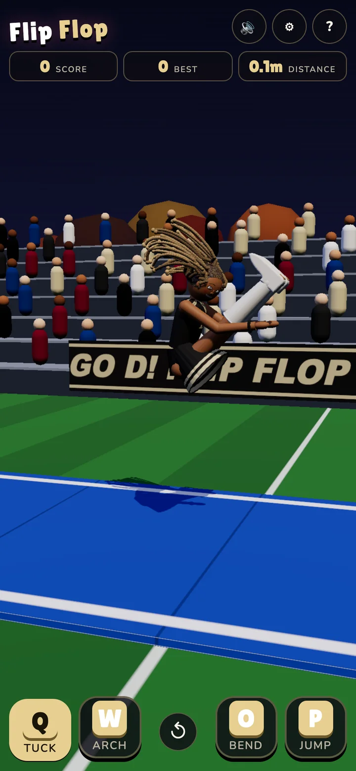 Portrait phone gameplay showing a back tuck and large Q W O P touch buttons at the bottom.