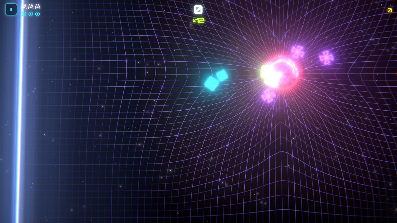 A bright black hole pulls the purple arena grid into a gravity well while neon enemies approach.