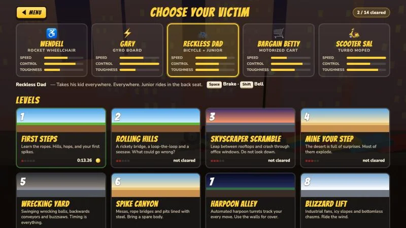 Character and level selection, with five riders and cards for the game's obstacle courses.
