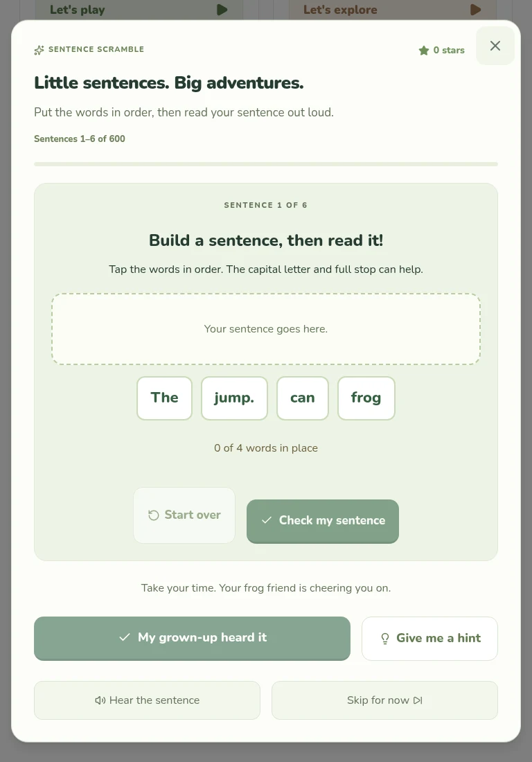 Sentence Scramble with four shuffled word tiles, a sentence-building area, and read-together controls.