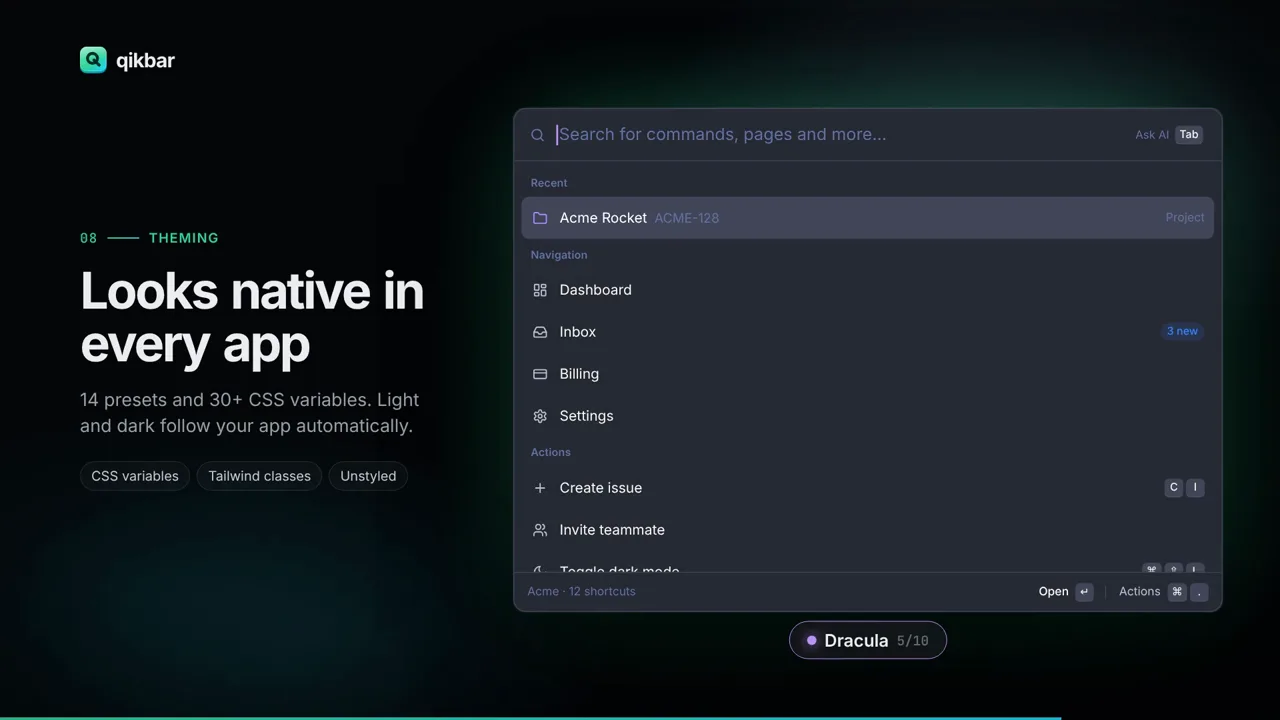 The command bar in the Dracula theme, listing a recent project, navigation pages and actions, beside the heading “Looks native in every app”.