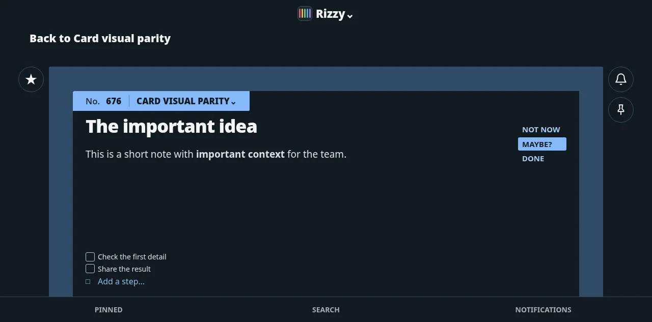 Rizzy card page showing a title, rich-text description, checklist steps, and stage controls.