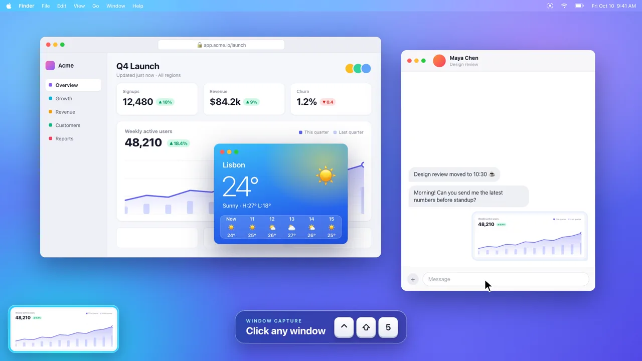 A weather window over the dashboard, a floating preview of the captured chart in the bottom-left corner, and the chart pasted into the chat.
