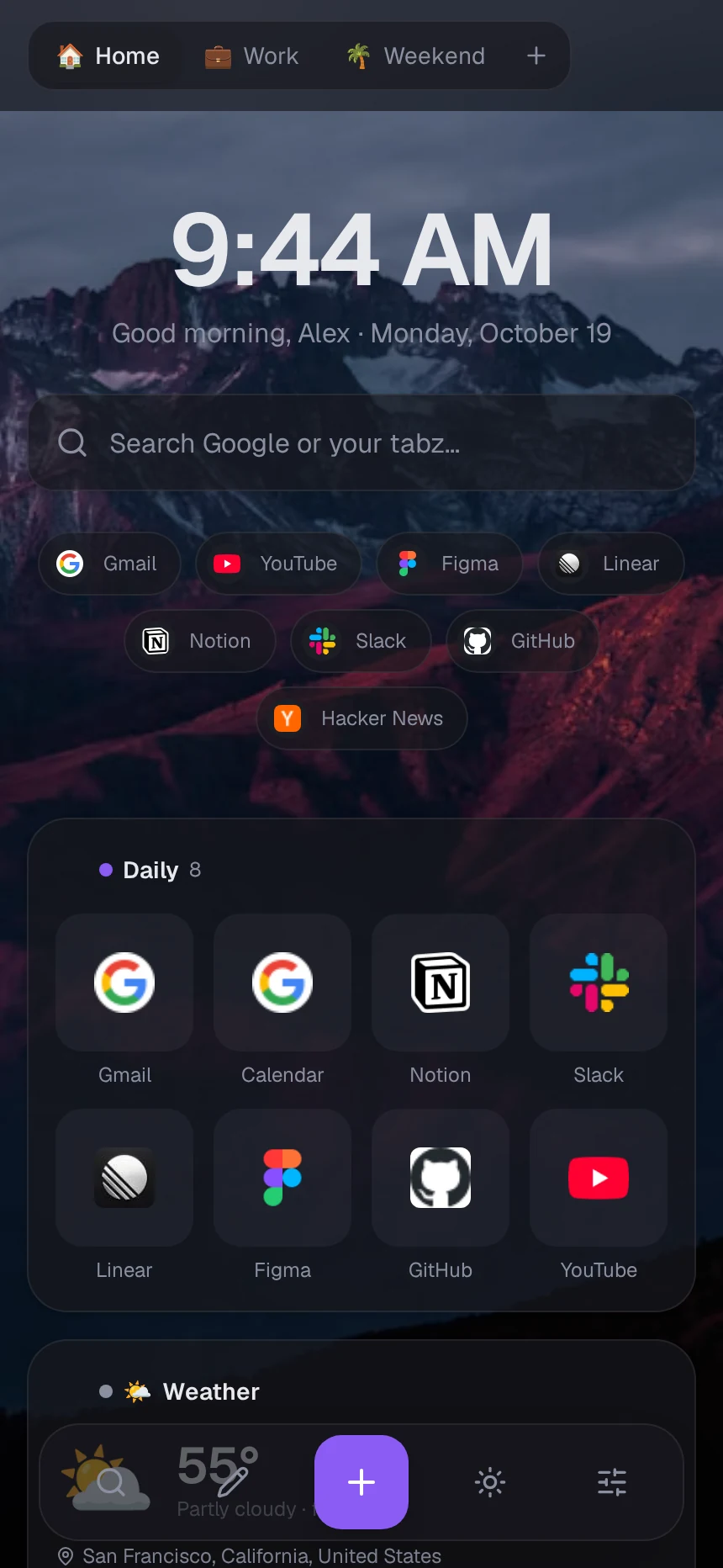 tabz on an iPhone: the Home, Work and Weekend tabs, a large clock, search, link chips, a Daily group of app icons, and a bottom dock with search, edit, add, theme and settings.
