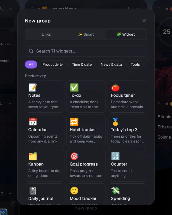 The tabz widget gallery with a search for 71 widgets, category filters, and cards for notes, to-do, focus timer, calendar, habit tracker, today's top 3, kanban, goal progress and counter.