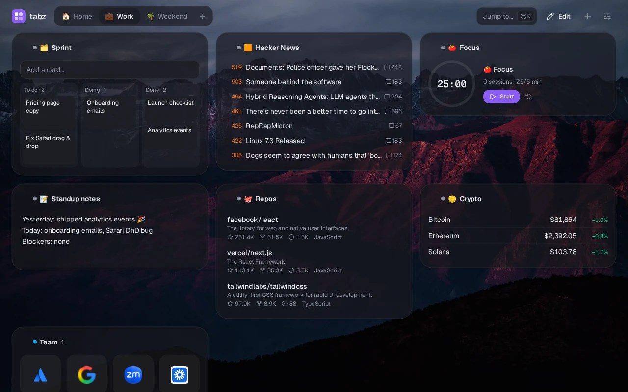 A tabz Work board with widgets for a sprint kanban, Hacker News stories, a 25-minute focus timer, standup notes, GitHub repositories for React, Next.js and Tailwind CSS, and crypto prices.